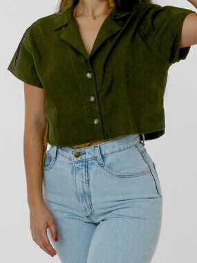 Morrisday The Label Olive Green Linen Blend Ultra Cropped Camp Collar Shirt S
